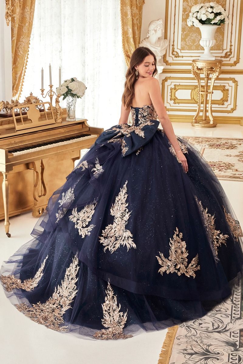 15715 STRAPLESS LAYERED BALL GOWN WITH BOW DETAIL (NAVY-GOLD)