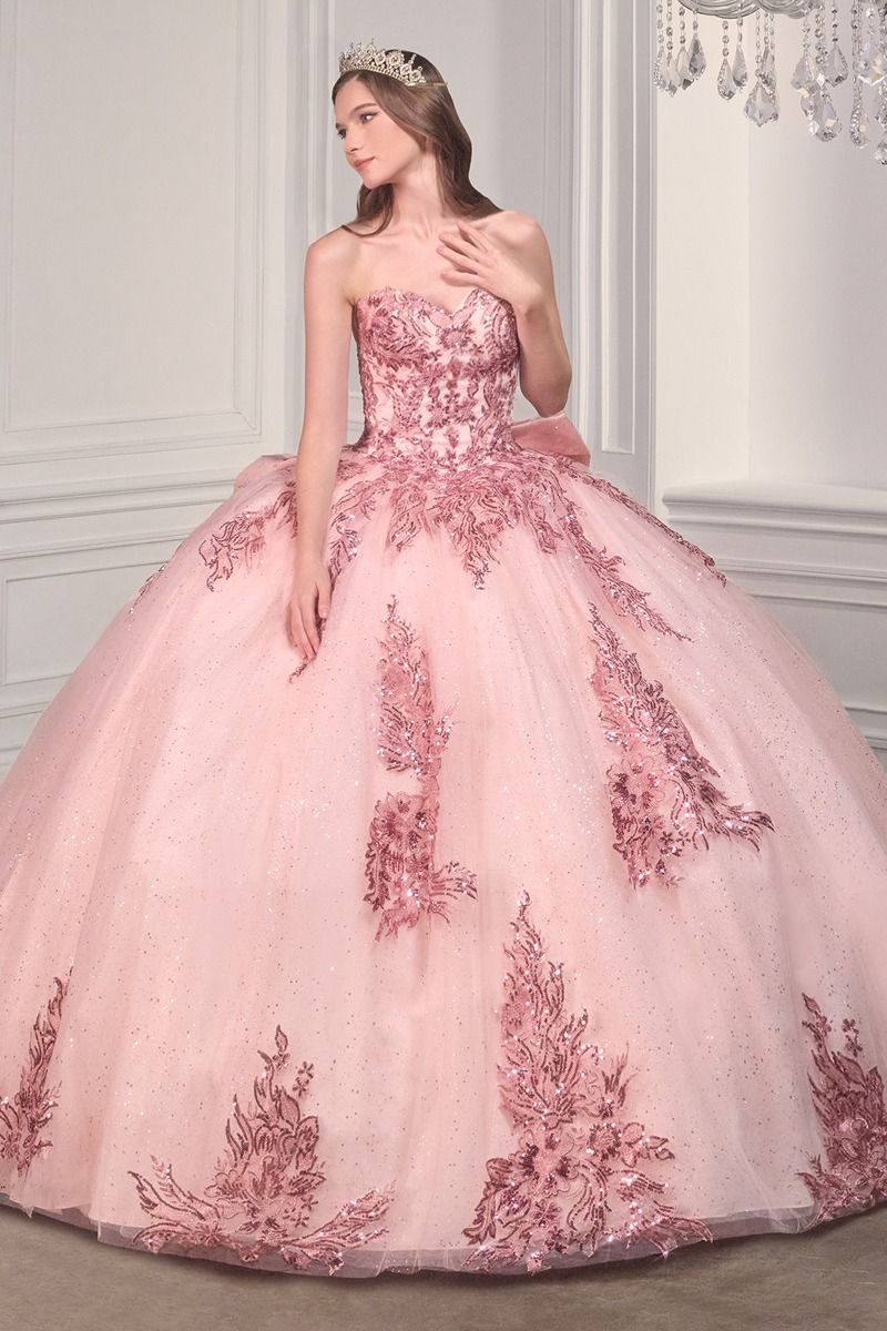 15715 STRAPLESS LAYERED BALL GOWN WITH BOW DETAIL (BLUSH) - QUINCEANERA DRESSES
