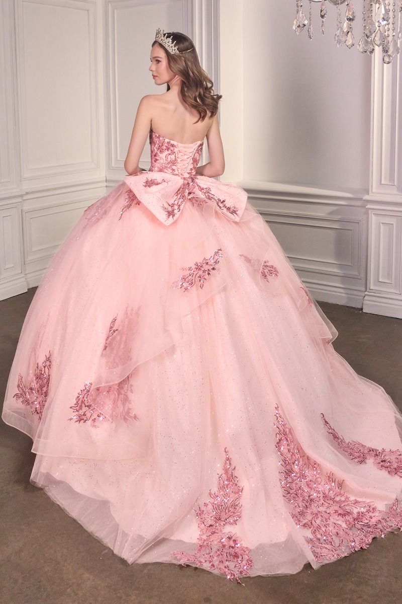 15715 STRAPLESS LAYERED BALL GOWN WITH BOW DETAIL (BLUSH) - QUINCEANERA DRESSES