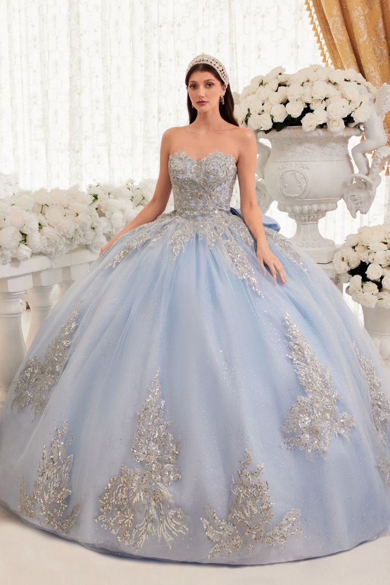 15715 STRAPLESS LAYERED BALL GOWN WITH BOW DETAIL (LT BLUE) - QUINCEANERA DRESSES