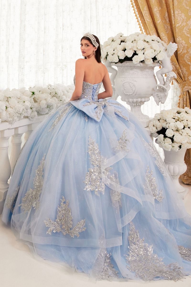 15715 STRAPLESS LAYERED BALL GOWN WITH BOW DETAIL (LT BLUE) - QUINCEAN Lucys Formals 15715 STRAPLESS LAYERED BALL GOWN WITH BOW DETAIL (LT BLUE) - QUINCEAN Lucys Formals
