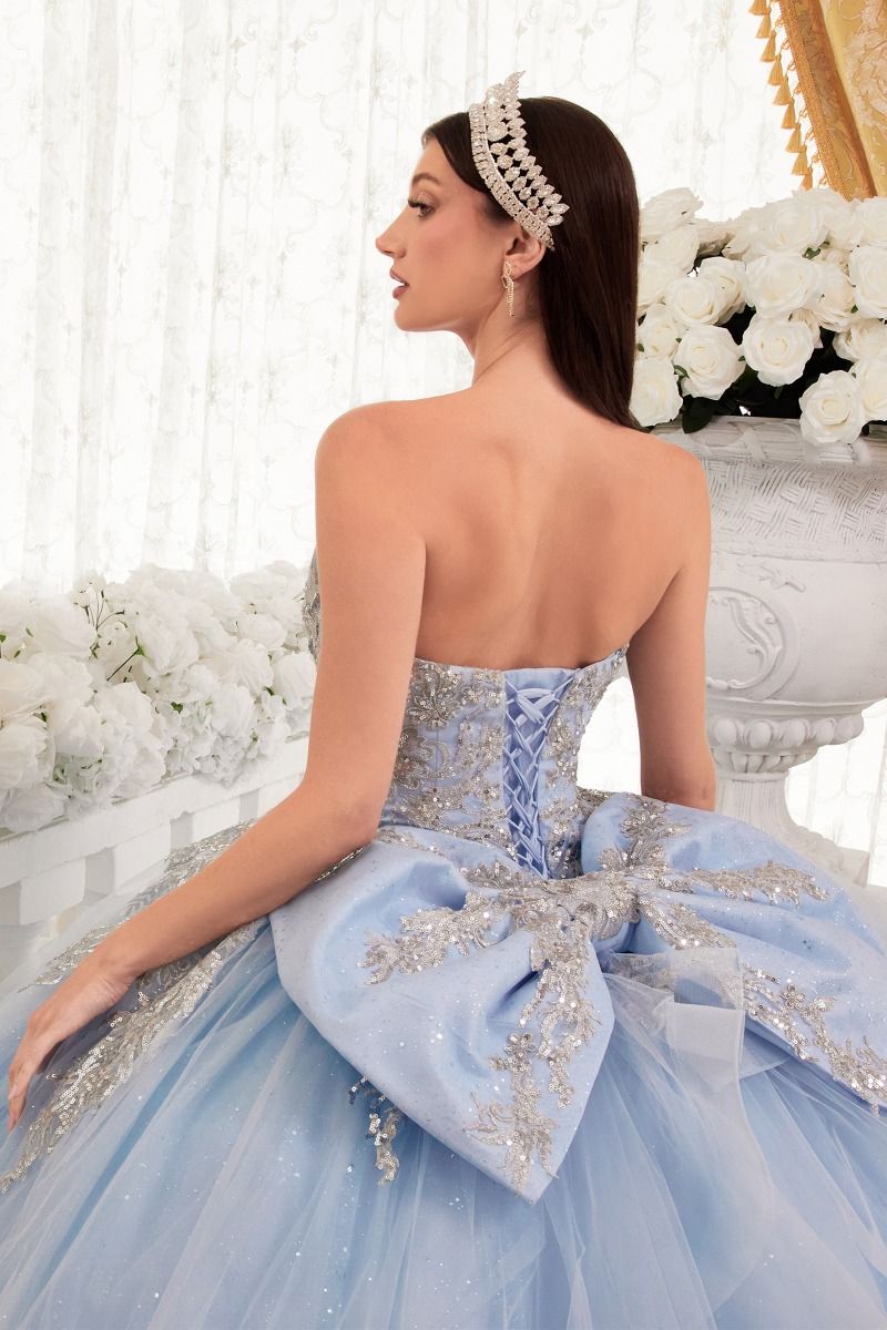 15715 STRAPLESS LAYERED BALL GOWN WITH BOW DETAIL (LT BLUE) - QUINCEAN Lucys Formals 15715 STRAPLESS LAYERED BALL GOWN WITH BOW DETAIL (LT BLUE) - QUINCEAN Lucys Formals