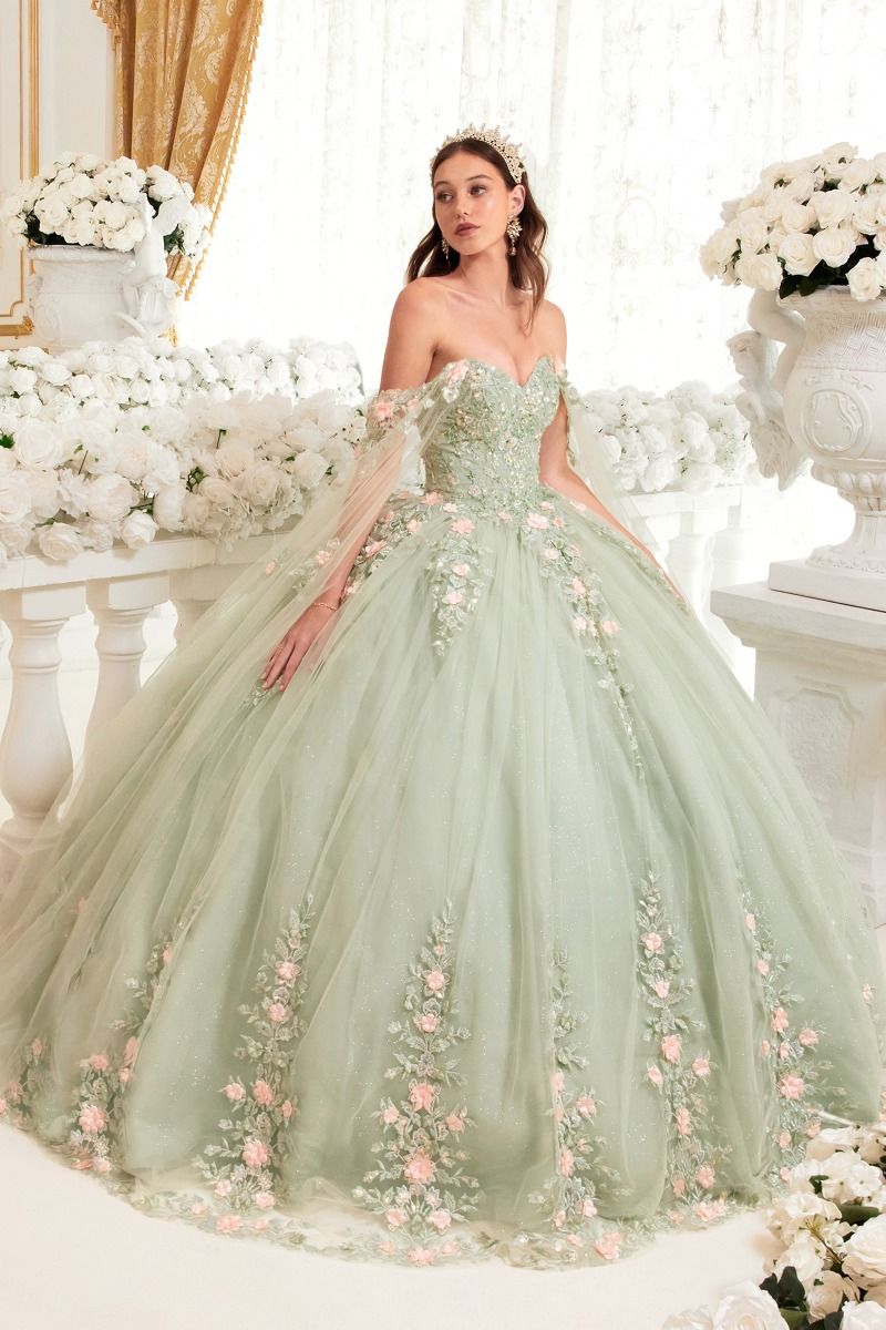 15716 SAGE BALL GOWN WITH BLUSH FLORAL DETAILSE - QUINCEANERA DRESSES