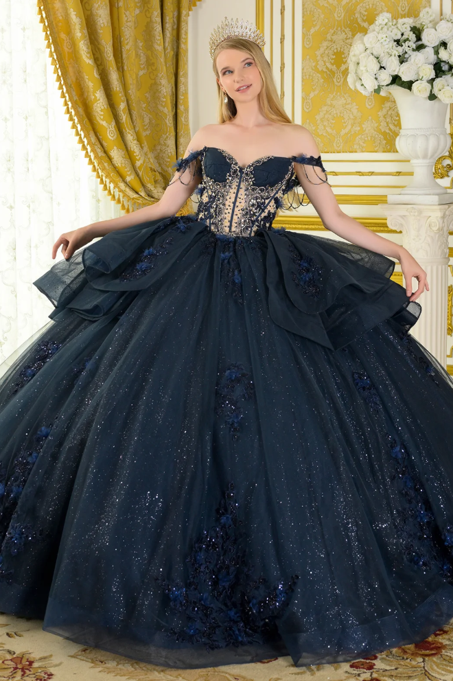 navy blue quince dress with gold Marys Bridal MQ4030 Ruffle Skirt Sweetheart Neck Mini Quince Dress